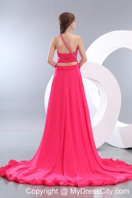 Hot Pink One Shoulder High-low Evening Dresses with Flower