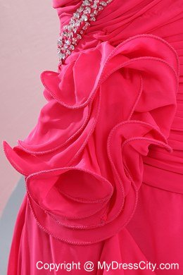 Hot Pink One Shoulder High-low Evening Dresses with Flower