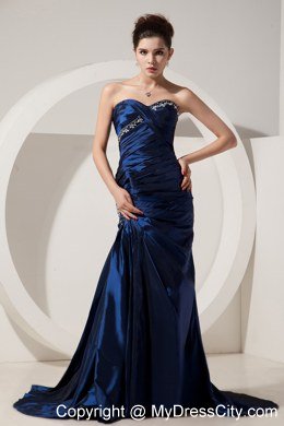 Navy Blue Mermaid Brush Train Evening Dress with Beading