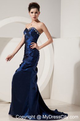 Navy Blue Mermaid Brush Train Evening Dress with Beading