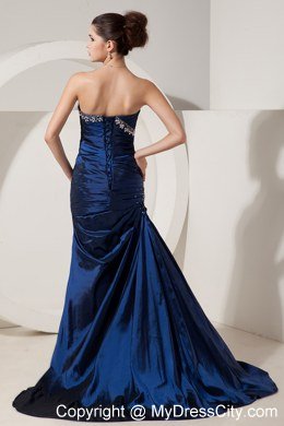 Navy Blue Mermaid Brush Train Evening Dress with Beading