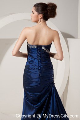 Navy Blue Mermaid Brush Train Evening Dress with Beading