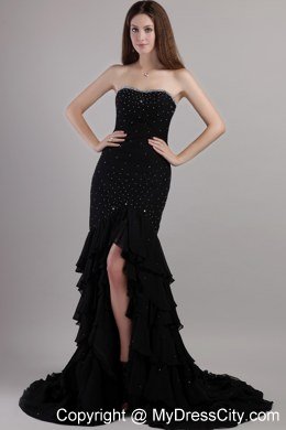 Black Sweetheart Beading and Ruffles Evening Dress with Slit