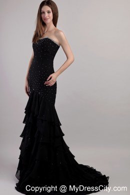 Black Sweetheart Beading and Ruffles Evening Dress with Slit