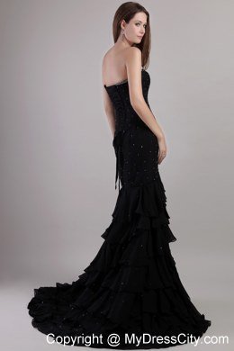 Black Sweetheart Beading and Ruffles Evening Dress with Slit