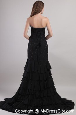 Black Sweetheart Beading and Ruffles Evening Dress with Slit