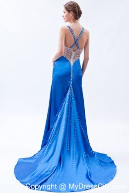 Straps Blue Evening Gown with Beaded Sheer Waist and Train