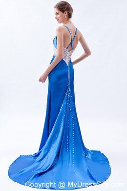 Straps Blue Evening Gown with Beaded Sheer Waist and Train