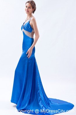 Straps Blue Evening Gown with Beaded Sheer Waist and Train