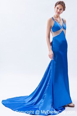 Straps Blue Evening Gown with Beaded Sheer Waist and Train