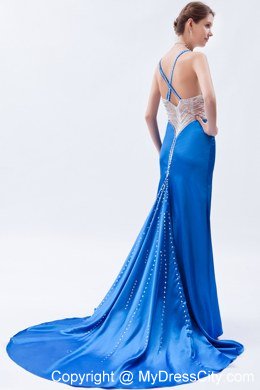 Straps Blue Evening Gown with Beaded Sheer Waist and Train