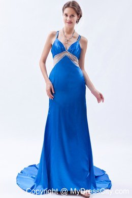 Straps Blue Evening Gown with Beaded Sheer Waist and Train