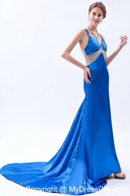 Straps Blue Evening Gown with Beaded Sheer Waist and Train