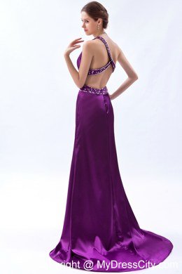 Slinky Beaded Eggplant Purple Prom Evening Dress with Train