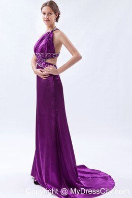 Slinky Beaded Eggplant Purple Prom Evening Dress with Train