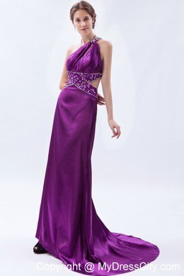 Slinky Beaded Eggplant Purple Prom Evening Dress with Train