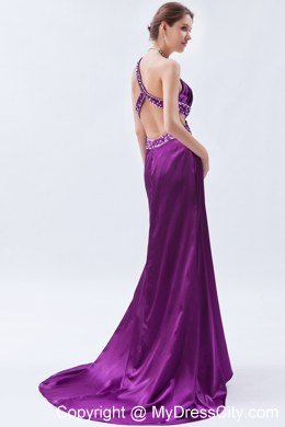 Slinky Beaded Eggplant Purple Prom Evening Dress with Train