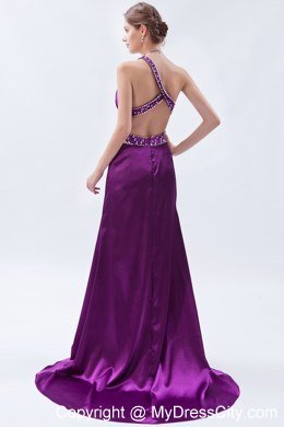 Slinky Beaded Eggplant Purple Prom Evening Dress with Train