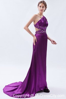 Slinky Beaded Eggplant Purple Prom Evening Dress with Train