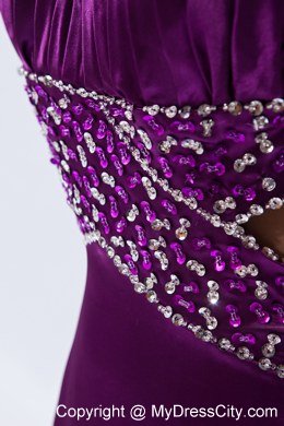 Slinky Beaded Eggplant Purple Prom Evening Dress with Train