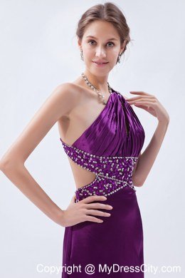 Slinky Beaded Eggplant Purple Prom Evening Dress with Train