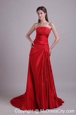 2013 Strapless Red Prom Evening Dress Beaded with Court Train