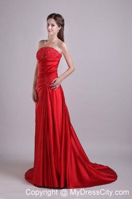 2013 Strapless Red Prom Evening Dress Beaded with Court Train