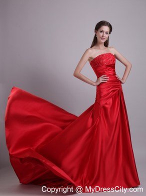 2013 Strapless Red Prom Evening Dress Beaded with Court Train