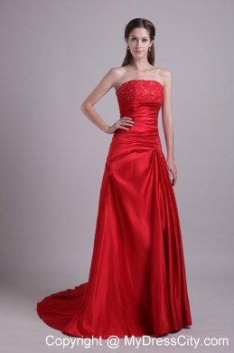 2013 Strapless Red Prom Evening Dress Beaded with Court Train