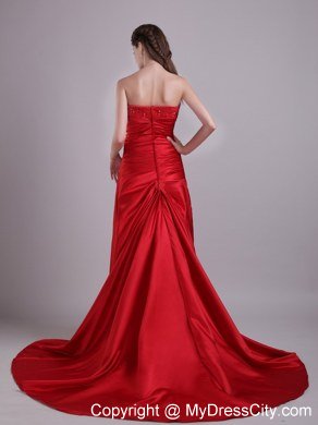 2013 Strapless Red Prom Evening Dress Beaded with Court Train