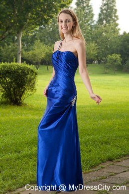 Cheap Blue One Shoulder Column Beading Maxi Evening Dress