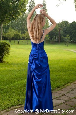 Cheap Blue One Shoulder Column Beading Maxi Evening Dress