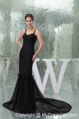 Long Black Mermaid Lace Prom Evening Dress with Court Train