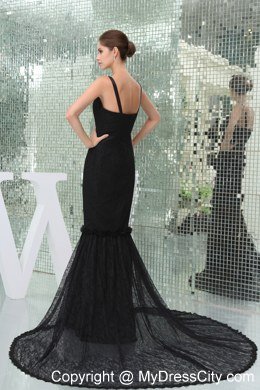 Long Black Mermaid Lace Prom Evening Dress with Court Train