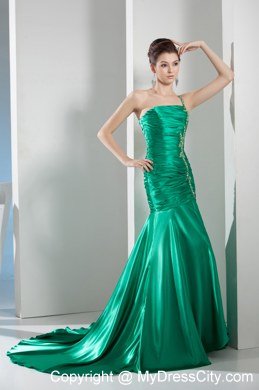 Green Slinky Ruched Evening Formal Gown with One Shoulder