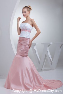 Strapless White and Pink Mermaid Evening Dress with Beading