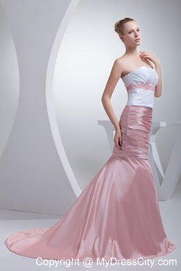 Strapless White and Pink Mermaid Evening Dress with Beading