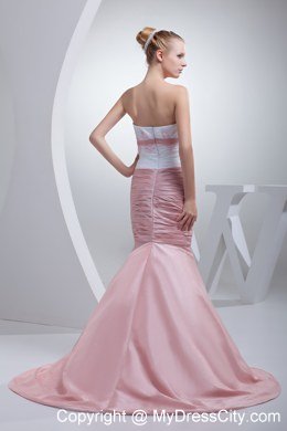 Strapless White and Pink Mermaid Evening Dress with Beading