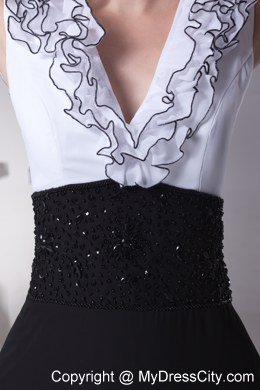 White and Black Mermaid V-neck Beaded Evening Party Dress