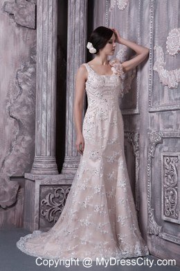 Champagne Scoop Lace Evening Dresses with Flowery Straps