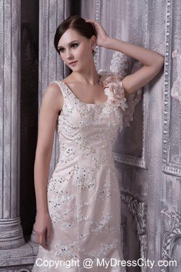 Champagne Scoop Lace Evening Dresses with Flowery Straps