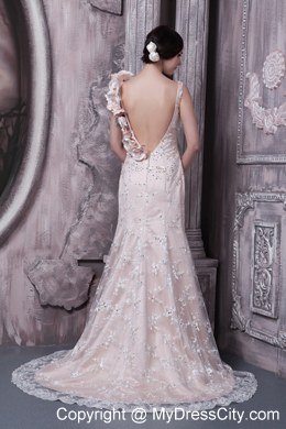 Champagne Scoop Lace Evening Dresses with Flowery Straps