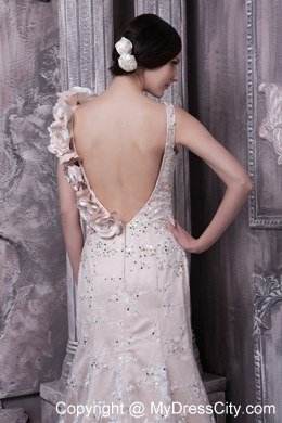 Champagne Scoop Lace Evening Dresses with Flowery Straps