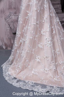 Champagne Scoop Lace Evening Dresses with Flowery Straps