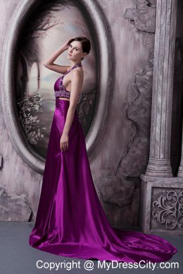 Beaded Halter Eggplant Purple Evening Dresses with Cut Out