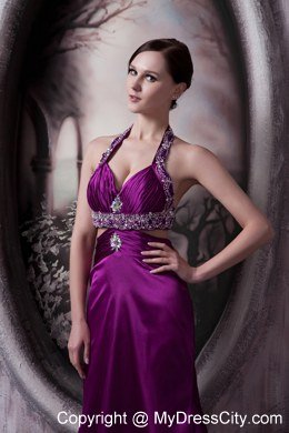 Beaded Halter Eggplant Purple Evening Dresses with Cut Out