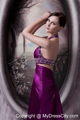 Beaded Halter Eggplant Purple Evening Dresses with Cut Out