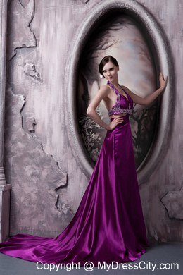 Beaded Halter Eggplant Purple Evening Dresses with Cut Out