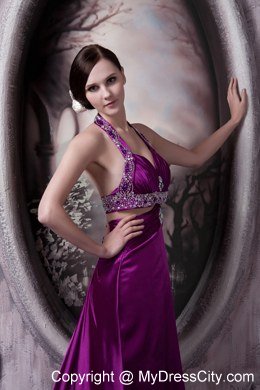 Beaded Halter Eggplant Purple Evening Dresses with Cut Out