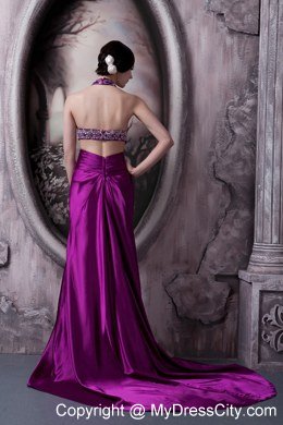 Beaded Halter Eggplant Purple Evening Dresses with Cut Out